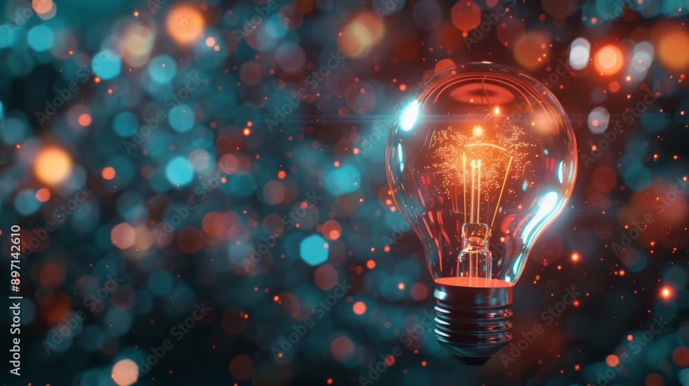Poster single glowing light bulb standing out against a bokeh background, symbolizing a unique idea. ideal 