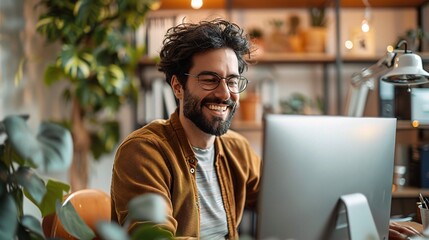 Happy and Focused: A man in a brown sweater with glasses and a beard laughs and looks at his computer screen. He is in an office with plants and a lamp. 