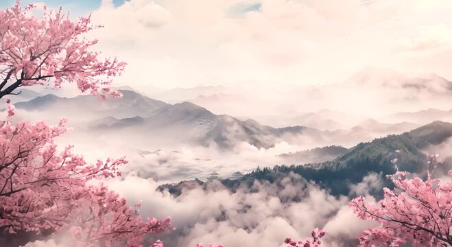A serene landscape with mountains and cherry blossoms. The cherry blossoms are pink and scattered throughout the scene, creating a sense of tranquility and beauty