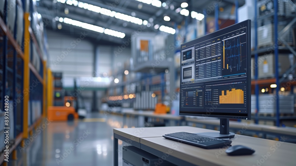 Poster Efficient Warehouse with Real-Time Data Display. Spacious warehouse featuring a computer monitor with real-time data display, showcasing the use of technology for inventory control.