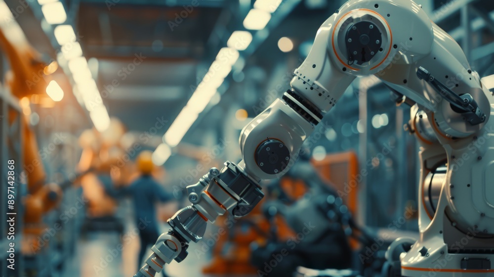Aufkleber robotic arm in an industrial factory setting with a blurred worker in the background. automation and