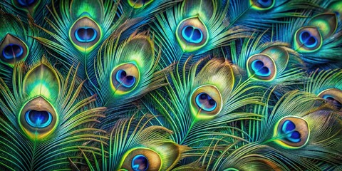 Vibrant peacock feathers display stunning iridescent blues and greens, intricate patterns, and delicate textures on a clean minimalistic background, perfect for carnival costumes or creative designs.
