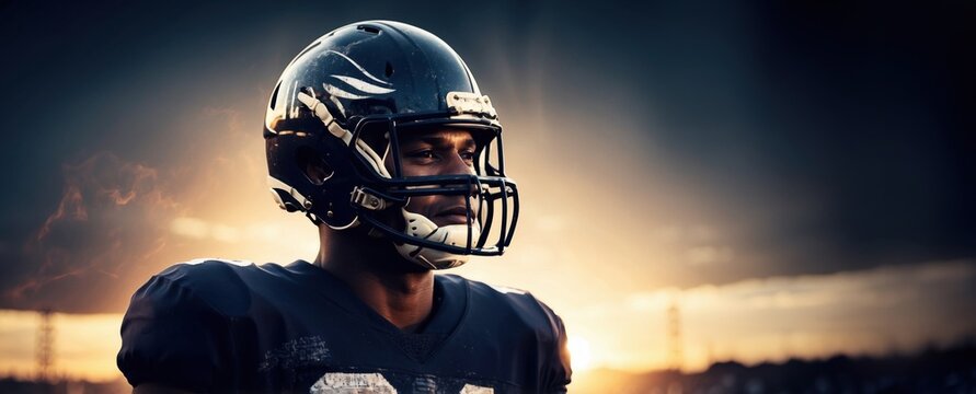 American football player silhouette with sunset over American football field