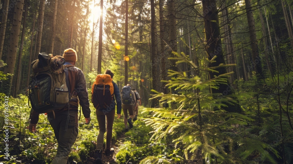 Aufkleber Hikers with backpacks walk through a dense forest, the sun setting through the trees in the background.