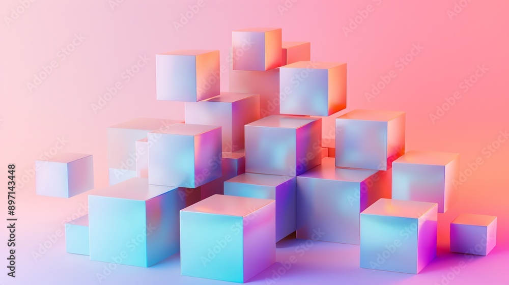 Poster abstract 3d rendering of iridescent cubes against a pink and blue background.