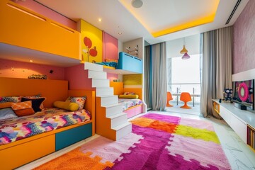 Modern and colorful children bedroom with bunk bed and puzzle carpet