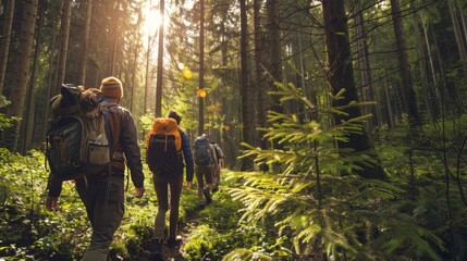 Hikers with backpacks walk through a dense forest, the sun setting through the trees in the background.