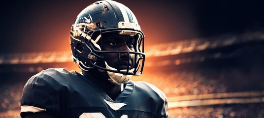 American football player silhouette with sunset over American football field