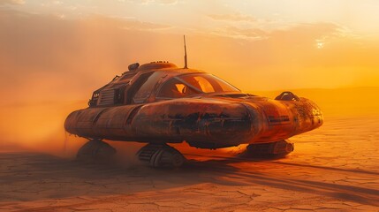 Cinematic photography of a hovercraft moving across vast sand dunes at sunset