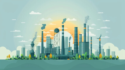 Illustration of an industrial skyline with factories emitting smoke, set against a sunrise backdrop with lush foreground greenery.