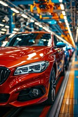 Obraz premium Experienced professional meticulously painting car body with rich red color for flawless finish