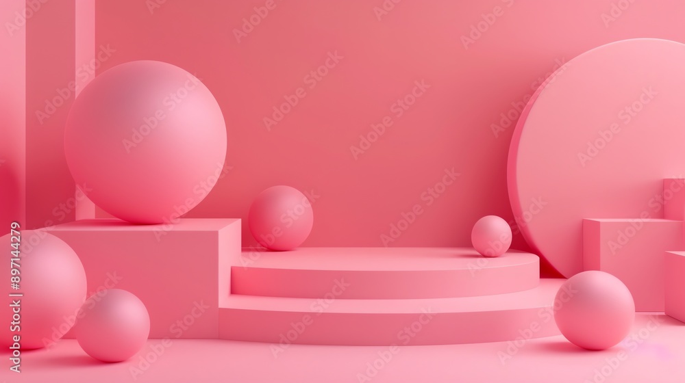Poster a 3d render of geometric shapes in various sizes in a bright pink color.