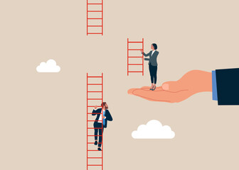Business support. Big hand with woman help climb ladder of success, for business opportunity. Flat vector illustration