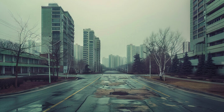 Cold Truth: An empty street in Pyongyang, North Korea, with high-rise buildings in the background