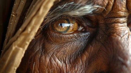 A highly detailed and captivating close-up image of an elderly person's eye with deep wrinkles and profound texture, emphasizing the rich, lifelike hues and the reflection within the eye that hints