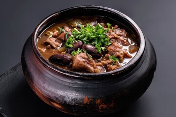 Black Bean and Meat Stew in a Clay Pot