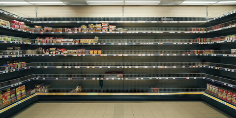 Obraz premium Empty shelves of a bare grocery store shelf displaying tags and messy products.