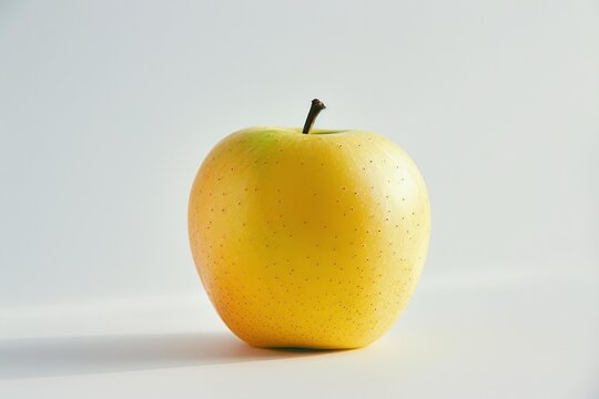 Yellow apple standing on a white background casting a shadow