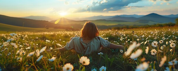 Fototapeta premium Tranquil meadow with a person lying down and relaxing, mental wellness, relaxation