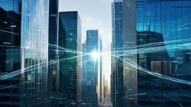Data rays shoot through the maze of city buildings connecting businesses and individuals across the district.