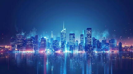 Cityscape Illustration with Neon Lights and Reflections