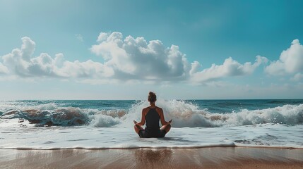 Fototapeta premium Gentle waves on a beach with a person meditating, mental health, relaxation