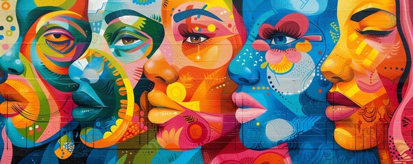 Group of artists from different cultures creating a collaborative mural, multicultural unity, artistic expression