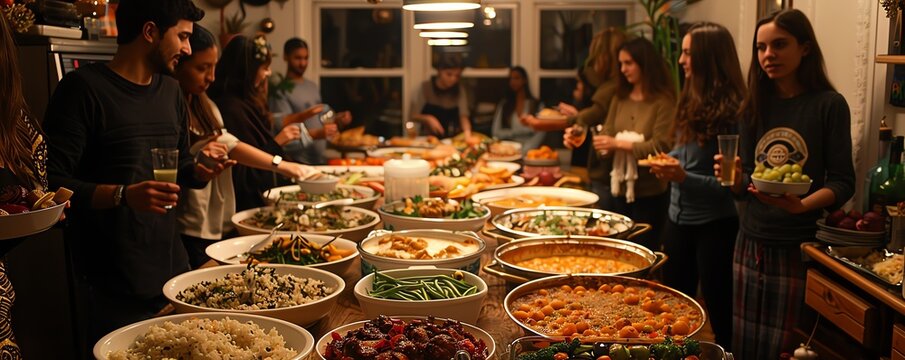 International potluck dinner with diverse dishes, unity, cultural sharing