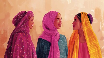 Multicultural women in traditional attire having a conversation, unity, cultural appreciation