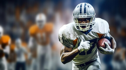 Football player is seen making a decisive and strategic run with the ball on a well-lit football field. The energy, intensity, and athletic prowess required for the game are captured