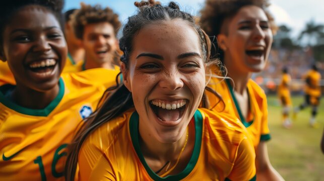 Multicultural sports team celebrating a victory, unity, teamwork