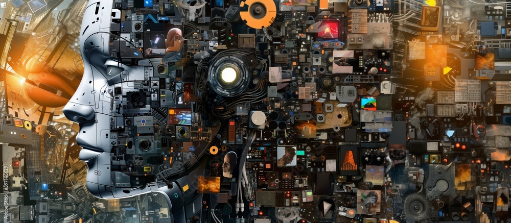 Poster futuristic ai robot head illustration composition of different robots showcasing the diversity of ar