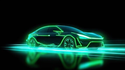 Naklejka premium Sleek, futuristic electric car is depicted with glowing neon accents, racing forward against a dark background. The bright neon lights create a striking contrast, showcasing advanced technology and