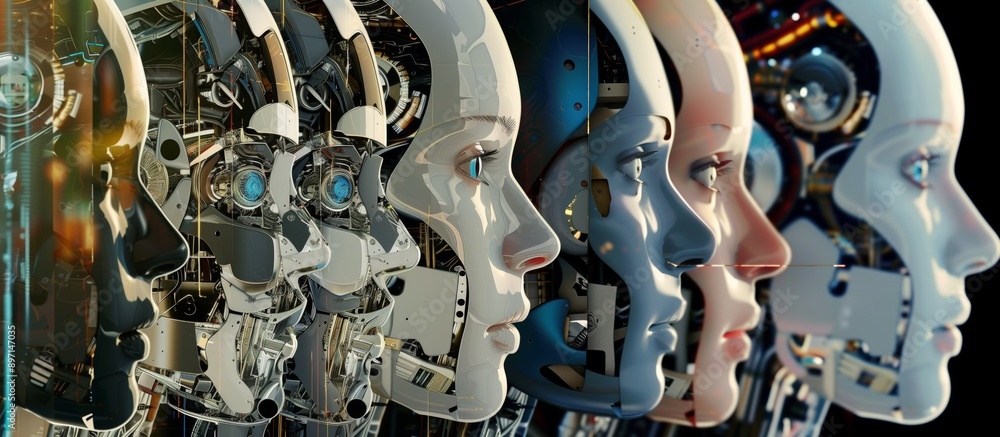 Poster futuristic ai robot head illustration composition of different robots showcasing the diversity of ar