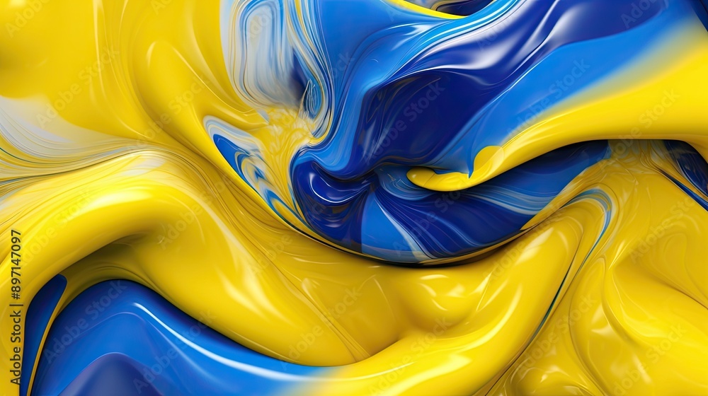 Poster abstract swirl of vivid yellow and blue colors merging seamlessly, creating dynamic fluid patterns, 