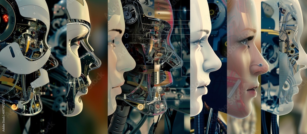 Poster futuristic ai robot head illustration composition of different robots showcasing the diversity of ar