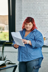 A plus size woman with bright red hair reads a document in a modern office.