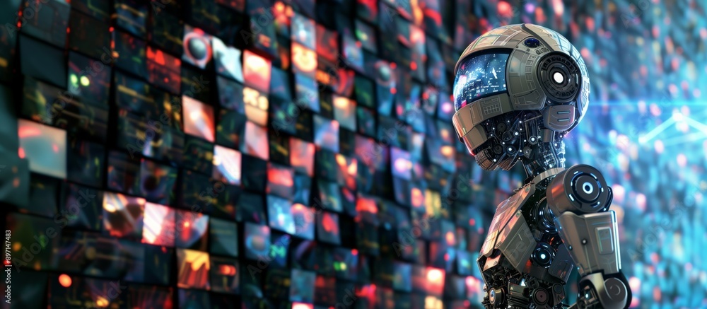 Poster futuristic ai robot head illustration composition of different robots showcasing the diversity of ar