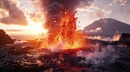 A volcano erupts, spewing hot lava into the air