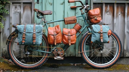 A heavily accessorized bicycle featuring multiple leather bags and pouches, parked against a rustic backdrop of teal and wooden textures