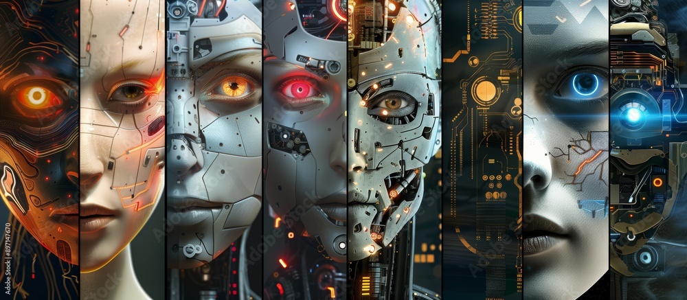 Poster futuristic ai robot head illustration composition of different robots showcasing the diversity of ar