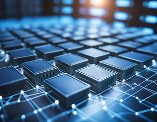 Complex network of interconnected database servers, symbolizing data storage, management, and retrieval in a high tech environment.