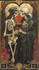 Skeletal Lovers Entwined in Occult Ritual with Goblets and Scythe