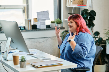 A plus size woman with vibrant red hair excitedly gestures during a video call at her desk.