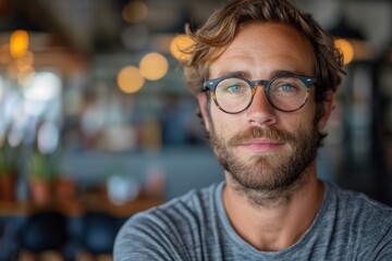 A bearded man with glasses in a casual, modern indoor setting, looking directly at the camera with a calm expression and blurry background, illuminated by warm, ambient lighting