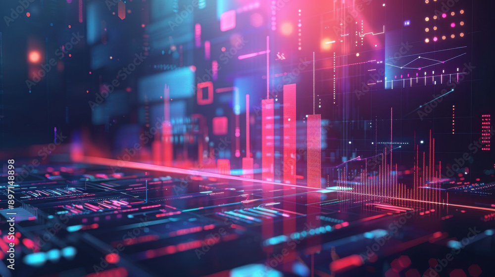 Poster futuristic digital data visualization with neon lights, graphs, and charts, representing big data an