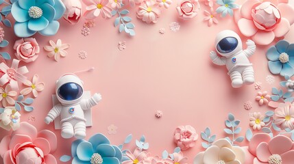 Two astronauts in a floral arrangement on a pink background.