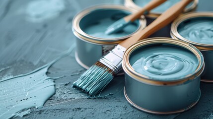 Renovation tools  used brushes and blue paint in tray with copy space for text or design