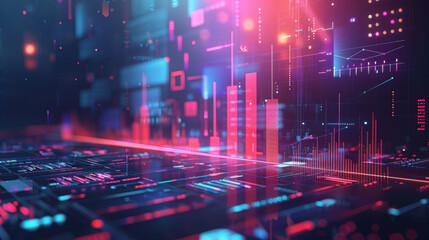 Futuristic digital data visualization with neon lights, graphs, and charts, representing big data and information technology.