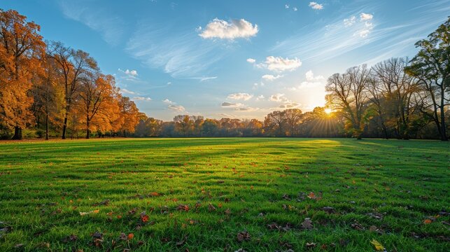 An expansive, lush green field with scattered autumn leaves, surrounded by vibrant, colorful trees under a clear sky with a picturesque sunset in the distance